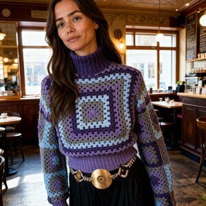 Granny Square Turtleneck Sweater S/M